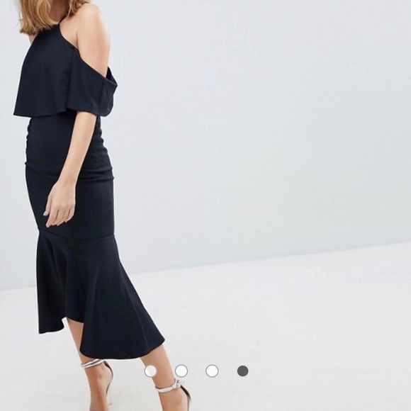 ASOS Petite Ruffle Cold Shoulder Peplum MidiDress - Picture 2 of 4